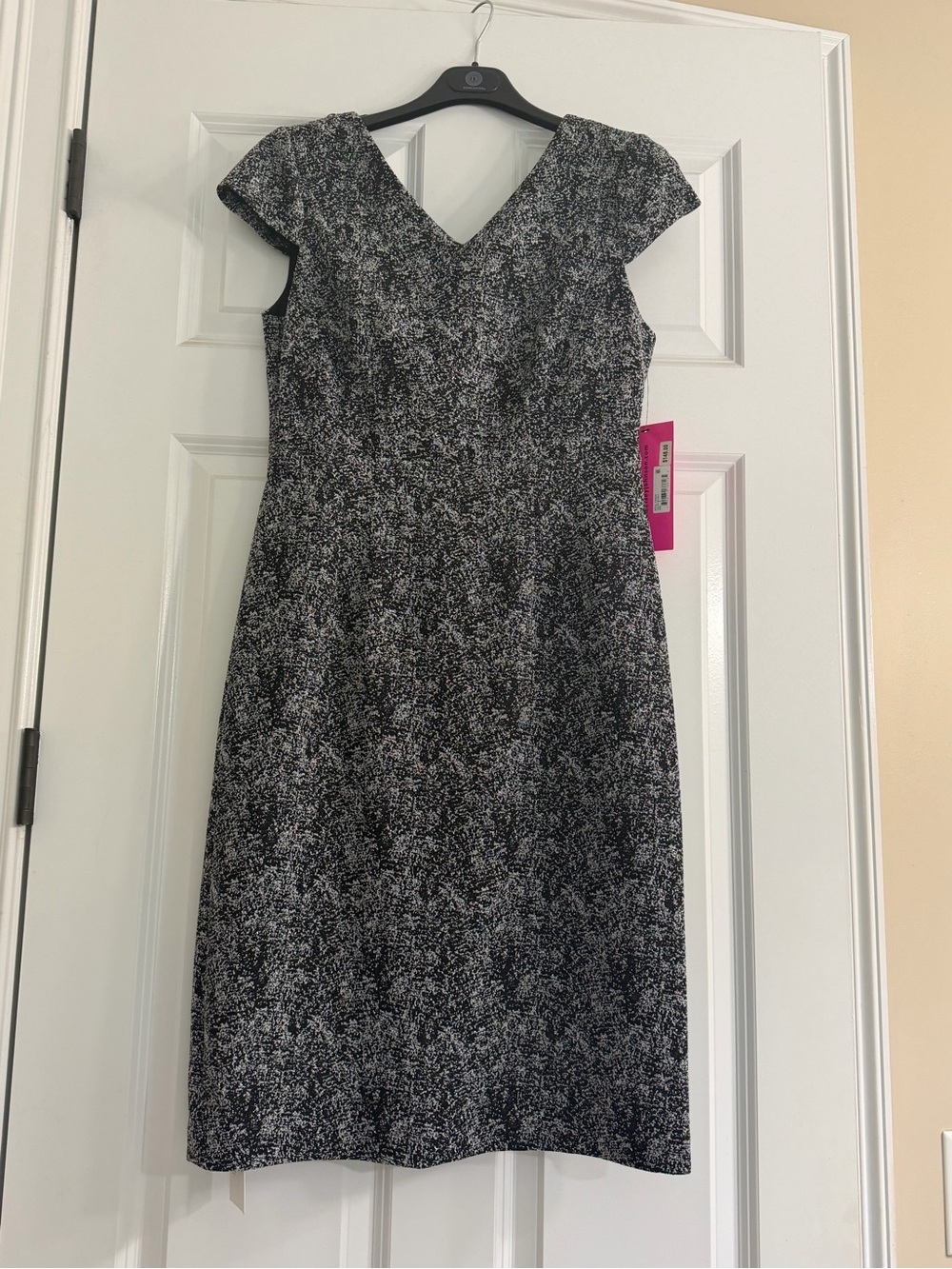 Betsey Johnson Black and Silver V-Neck Cap Sleeve Sheath Dress